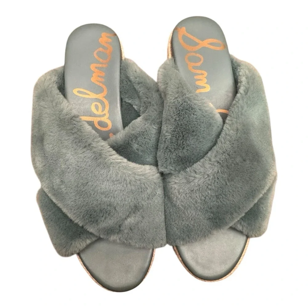 Sam Edelman Gray Faux Fur Criss Cross Espadrille Platform‎ Slides Size 9.5